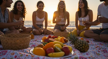 Friends Enjoying Picnic on Beach at Sunset