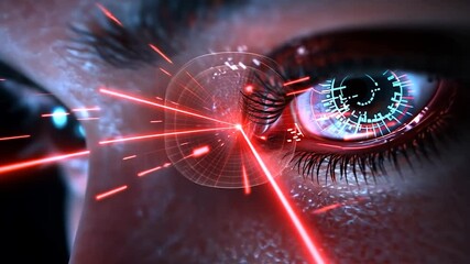 Close up of a woman's eye with digital interface elements and red laser beams futuristic concept on black background - Powered by Adobe