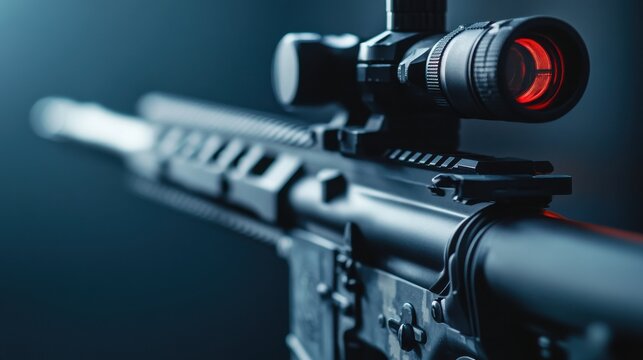 Close up view of a black ar fifteen style rifle with a red dot sight against a dark background