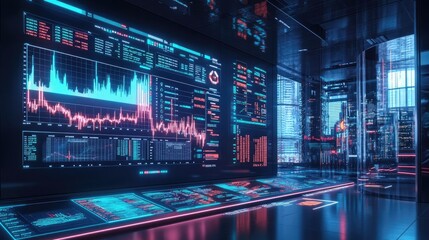 Modern trading control room with panoramic city view displays illuminated crypto analytics, stock data, charts, and blockchain metrics on wall-sized monitors. Generative by AI