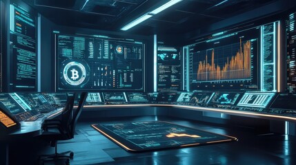 Modern trading control room with panoramic city view displays illuminated crypto analytics, stock data, charts, and blockchain metrics on wall-sized monitors. Generative by AI
