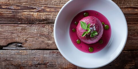 Tasty homemade beetroot and semolina beef dumplings soup, a traditional winter dish. Overhead view of three white bowls on a plain background with space for text