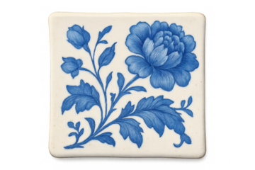 Vintage ceramic tile showcasing intricate blue floral pattern, isolated on transparent background, highlighting decorative craftsmanship