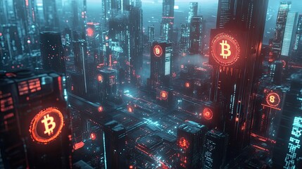 Futuristic cityscape with glowing skyscrapers and bitcoin logos in the sky suggests a financial district powered by blockchain and cryptocurrency systems. Generative by AI