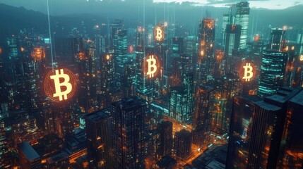 Futuristic cityscape with glowing skyscrapers and bitcoin logos in the sky suggests a financial district powered by blockchain and cryptocurrency systems. Generative by AI