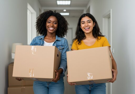Two diverse women smile while carrying boxes in a new home.