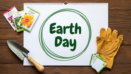 Earth Day celebration flat lay with gardening gloves shovel seed packets and calendar promoting sustainability green living planting and eco awareness on wooden table background