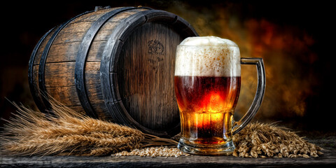 A tall glass of frothy beer sits proudly next to a rustic barrel. Barley and wheat surround the glass, creating a cozy atmosphere ideal for craft beverage lovers.