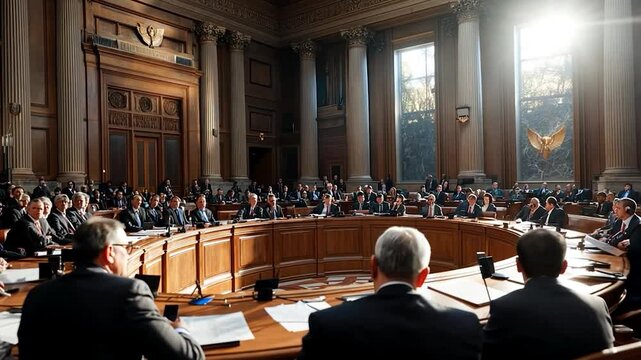 Formal business meeting in a large wood paneled room with many people seated around a large circular table backlit by natural light