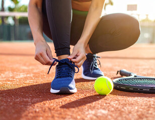 Woman tying blue athletic shoe laces on a red clay tennis court