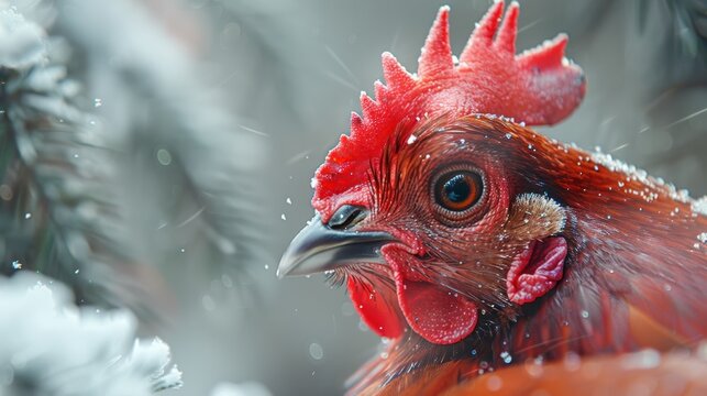 Domestic hen in the snow on an open field. Free-range and organic breed. Eco-friendly farm bird