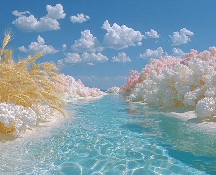 A surreal fusion of golden wheat and water unfolds in dreamy poolcore and dreamcore tones, glowing with soft colors and tranquil beauty