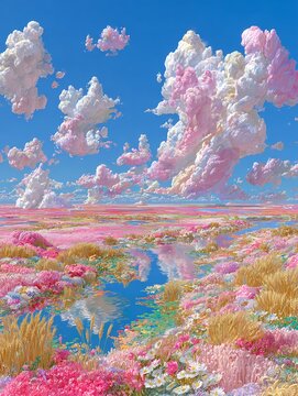 A surreal fusion of golden wheat and water unfolds in dreamy poolcore and dreamcore tones, glowing with soft colors and tranquil beauty