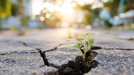 Small green plant sprouting through cracked concrete pavement with warm sunlight in the background symbolizing resilience hope nature strength growth and environmental urban renewal