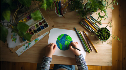 Child drawing green and blue Earth with colored pencils surrounded by plants and art supplies on wooden desk promoting sustainability creativity environmental awareness and Earth Day education