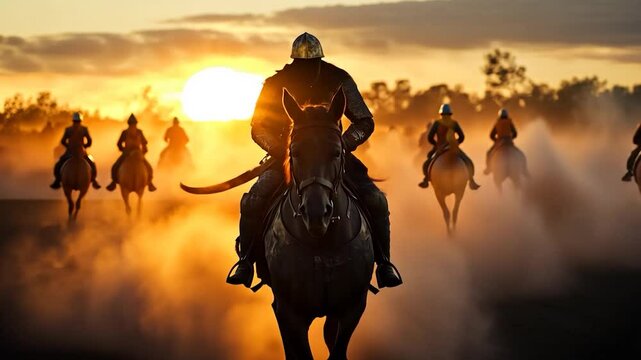 Epic cinematic shot of armored riders on horseback silhouetted against the setting sun creating dramatic warm tones and hazy atmosphere