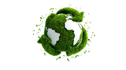 globe covered in realistic green grass with recycle arrows symbolizing sustainability eco conservation environmental protection earth care and circular economy isolated on transparent background