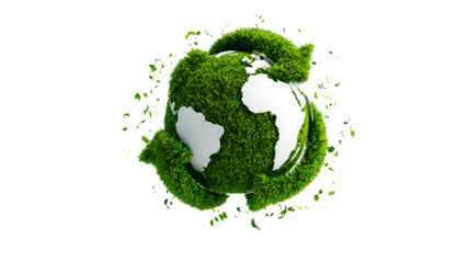 globe covered in realistic green grass with recycle arrows symbolizing sustainability eco conservation environmental protection earth care and circular economy isolated on transparent background