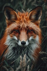 Beautiful red fox in tall grass, focused on potential prey