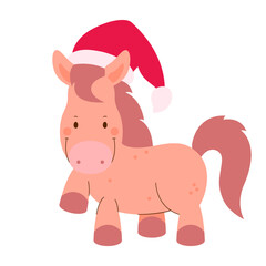 Cute cartoon horse with Red Santa hat. Asian zodiac sign, symbol. 2026 Chinese New Year card, banner, poster, horoscope element