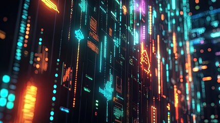 Close-up of high-tech digital control panel featuring glowing orange and blue data charts, metrics, and interface elements. Generative by AI