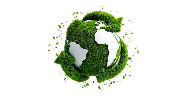 globe covered in realistic green grass with recycle arrows symbolizing sustainability eco conservation environmental protection earth care and circular economy isolated on transparent background