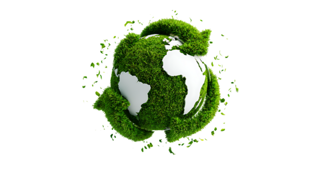 globe covered in realistic green grass with recycle arrows symbolizing sustainability eco conservation environmental protection earth care and circular economy isolated on transparent background