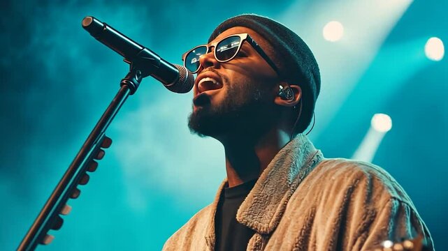 Close-up of a performer singing into a microphone on stage under blue and green lighting. The performer wears sunglasses, a hat and a jacket