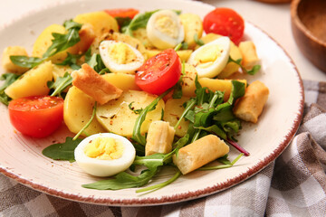 Plate of tasty potato salad with eggs and tomatoes on table, closeup