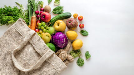 Eco friendly reusable jute shopping bag filled with fresh colorful fruits and vegetables placed on white wooden table promoting healthy organic food choices and sustainable lifestyle habits