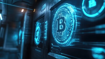 Row of glowing Bitcoin symbols embedded in mechanical wall structure with bright orange lighting effects. Generative by AI