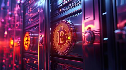 Row of glowing Bitcoin symbols embedded in mechanical wall structure with bright orange lighting effects. Generative by AI
