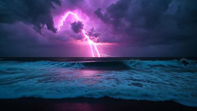 Dramatic coastal scene with lightning striking over the ocean waves under a dark purple sky. The beach reflects the light