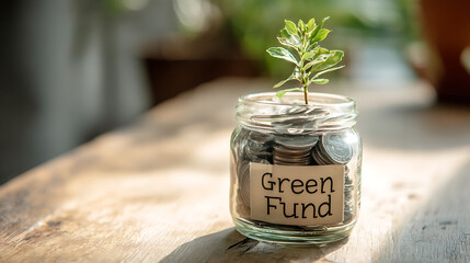 Glass jar filled with coins labeled green fund with small plant sprouting symbolizing sustainable investment eco savings environmental growth finance and nature inspired funding concept
