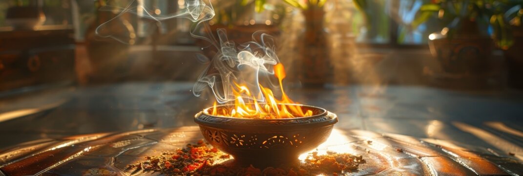 Incense burner emitting white smoke. Oudh smoldering against a dark backdrop. Surrounded by prayer beads