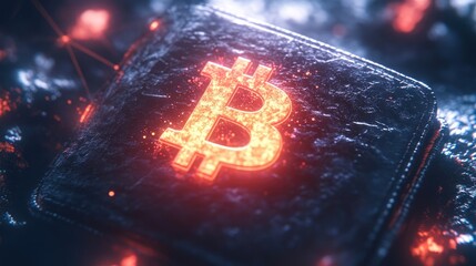 Bitcoin symbol on a small metallic square object resting on textured surface with glowing red lights and particles. Generative by AI