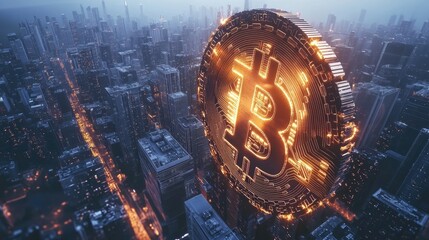 Gigantic Bitcoin coin integrated into futuristic skyscraper above modern city at sunset with vibrant sky. Generative by AI