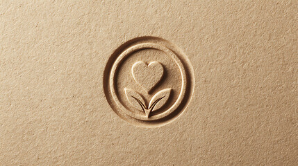 Eco friendly embossed paper stamp with heart and leaf symbol promoting sustainable natural products organic branding and biodegradable packaging in minimalist earthy design concept