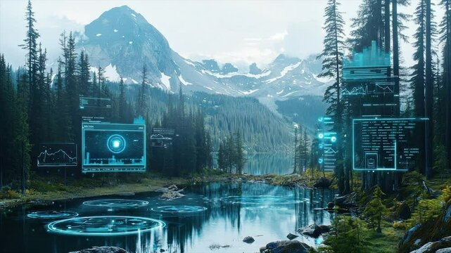 Serene mountain lake scene overlaid with futuristic data visualizations