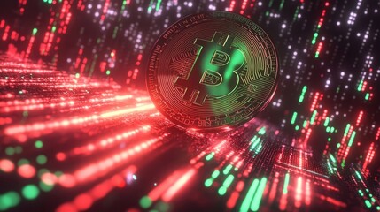 Bitcoin coin standing upright on ground with green and red market graph lines in background representing crypto trading activity. Generative by AI