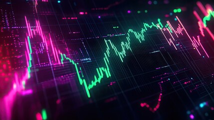 3D visualization of fluctuating financial chart with tall glowing data bars and line graphs on dark digital grid background. Generative by AI