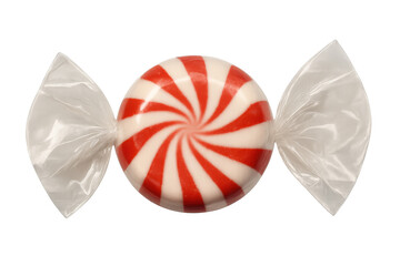 Round peppermint candy with red and white swirl pattern wrapped in cellophane, isolated on a transparent background