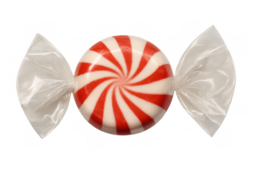 Round peppermint candy with red and white swirl pattern wrapped in cellophane, isolated on a transparent background
