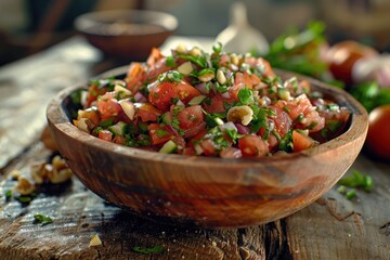 salad with tomatoes, herbs, and nuts served on a table