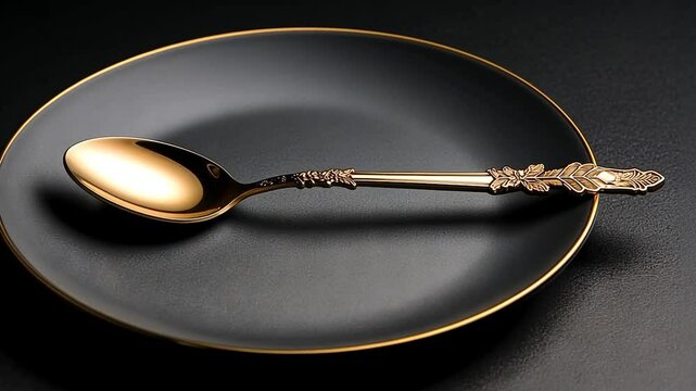 Close-up of a golden spoon resting on a black plate with golden rim against a dark background. The composition highlights the elegance of the silverware and tableware