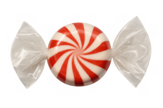 Round peppermint candy with red and white swirl pattern wrapped in cellophane, isolated on a transparent background