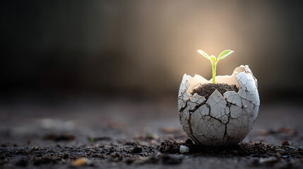 Green seedling growing from cracked eggshell filled with soil on ground surface symbolizing natural growth sustainability regeneration organic farming and eco conscious life beginnings concept