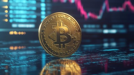 Golden bitcoin coin with blockchain-style texture placed over a digital background of fluctuating financial data and red market graph lines. Generative by AI
