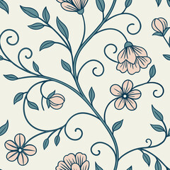Seamless floral swirl pattern in soft pastel hues, featuring delicate flowers and leaves, ideal for modern wallpapers, fabric, and feminine decor.