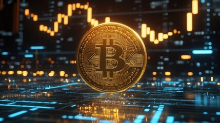 Golden bitcoin coin with blockchain-style texture placed over a digital background of fluctuating financial data and red market graph lines. Generative by AI